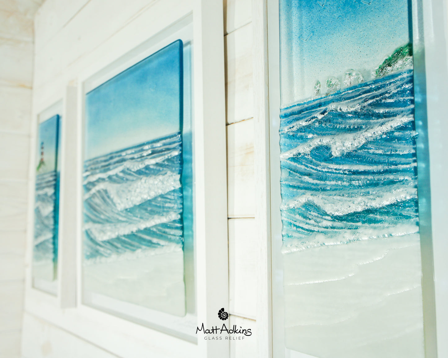 Triptych of Lighthouse Wave Frames - 2 at 25cmx45cm(10x17") + 1 at 45x45cm(17x17") | 3 Wave Large Sea Beach Lighthouse Fused Glass Frames