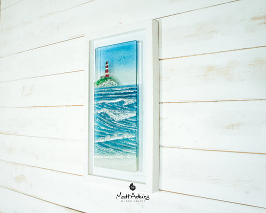 red white lighthouse fused glass art framed portrait seascape