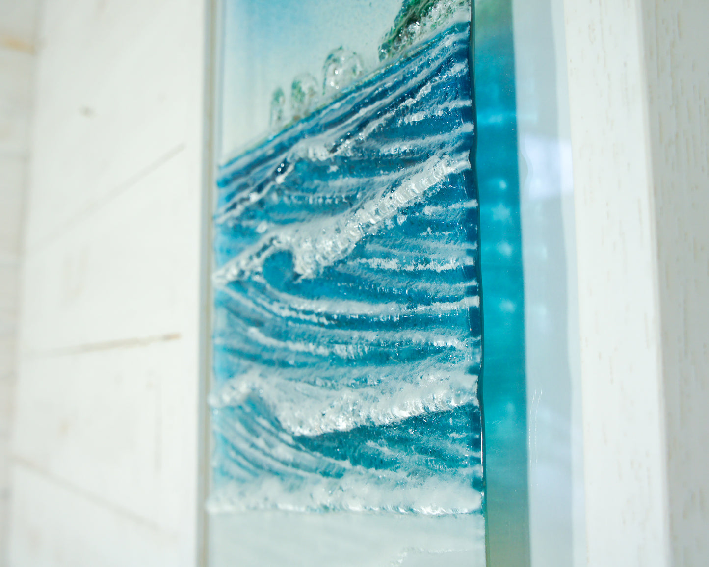 Triptych of Lighthouse Wave Frames - 2 at 25cmx45cm(10x17") + 1 at 45x45cm(17x17") | 3 Wave Large Sea Beach Lighthouse Fused Glass Frames