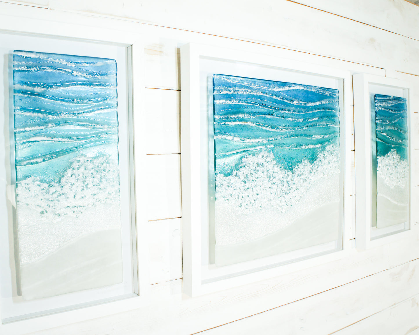 Triptych Toe Tickling Tide Frames - 2 at 25cmx45cm(10x17") + 1 at 45x45cm(17x17") | 3 Wave Large Sea Beach Lighthouse Fused Glass Frames