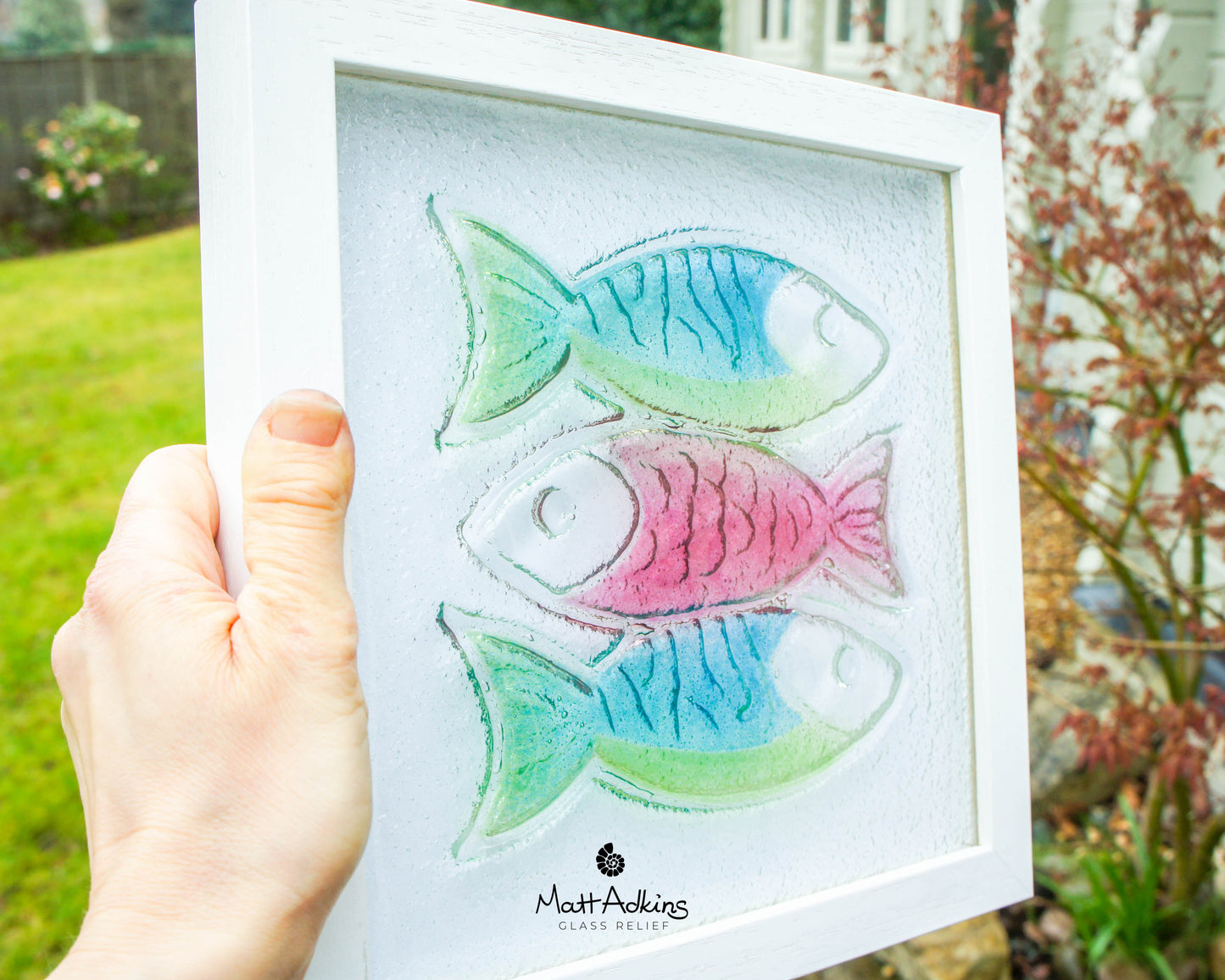 3 Fish Glass Art 25x25cm (10"x10") - Blue Cherry Green Fish Glass Framed Picture - Fish Coastal Wall Art