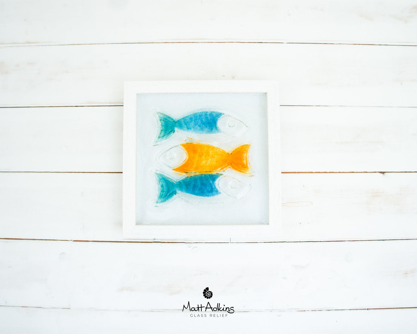 3 Fish Glass Art 25x25cm (10"x10") - Blue Orange Fish Glass Framed Picture - Fish Coastal Wall Art