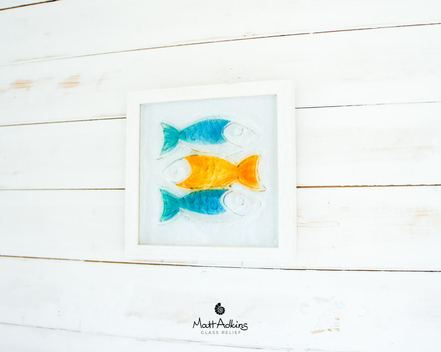 3 Fish Glass Art 25x25cm (10"x10") - Blue Orange Fish Glass Framed Picture - Fish Coastal Wall Art