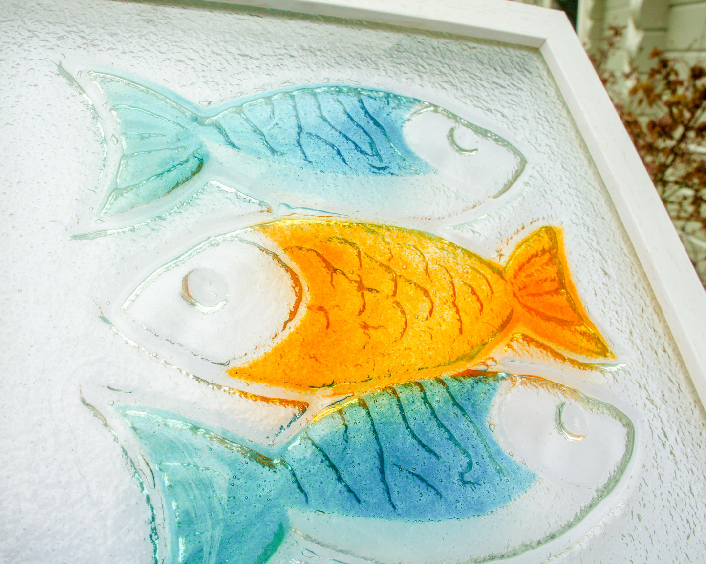 3 Fish Glass Art 25x25cm (10"x10") - Blue Orange Fish Glass Framed Picture - Fish Coastal Wall Art