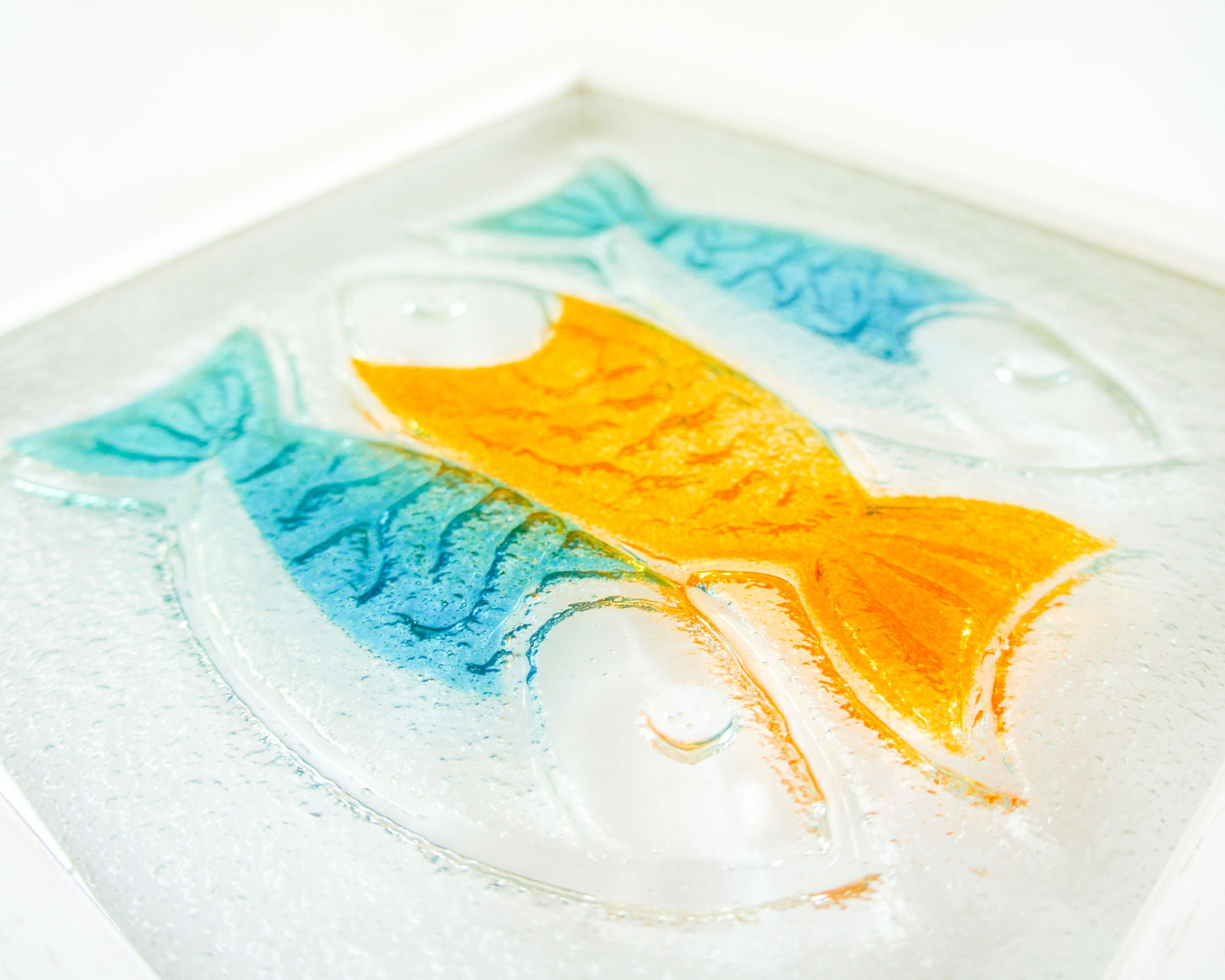 3 Fish Glass Art 25x25cm (10"x10") - Blue Orange Fish Glass Framed Picture - Fish Coastal Wall Art