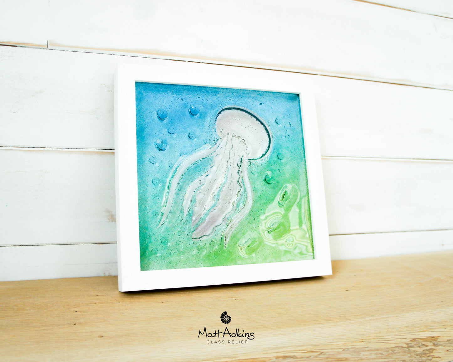 Jellyfish Glass Art 25x25cm (10"x10") - Blue Turquoise Green Jellyfish Glass Framed Picture - Fish Coastal Wall Art