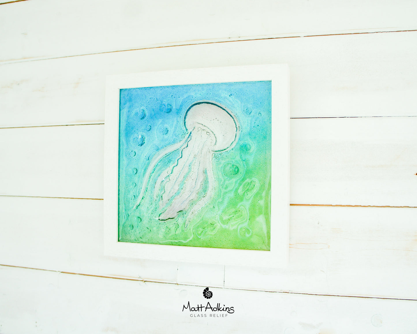 Jellyfish Glass Art 25x25cm (10"x10") - Blue Turquoise Green Jellyfish Glass Framed Picture - Fish Coastal Wall Art