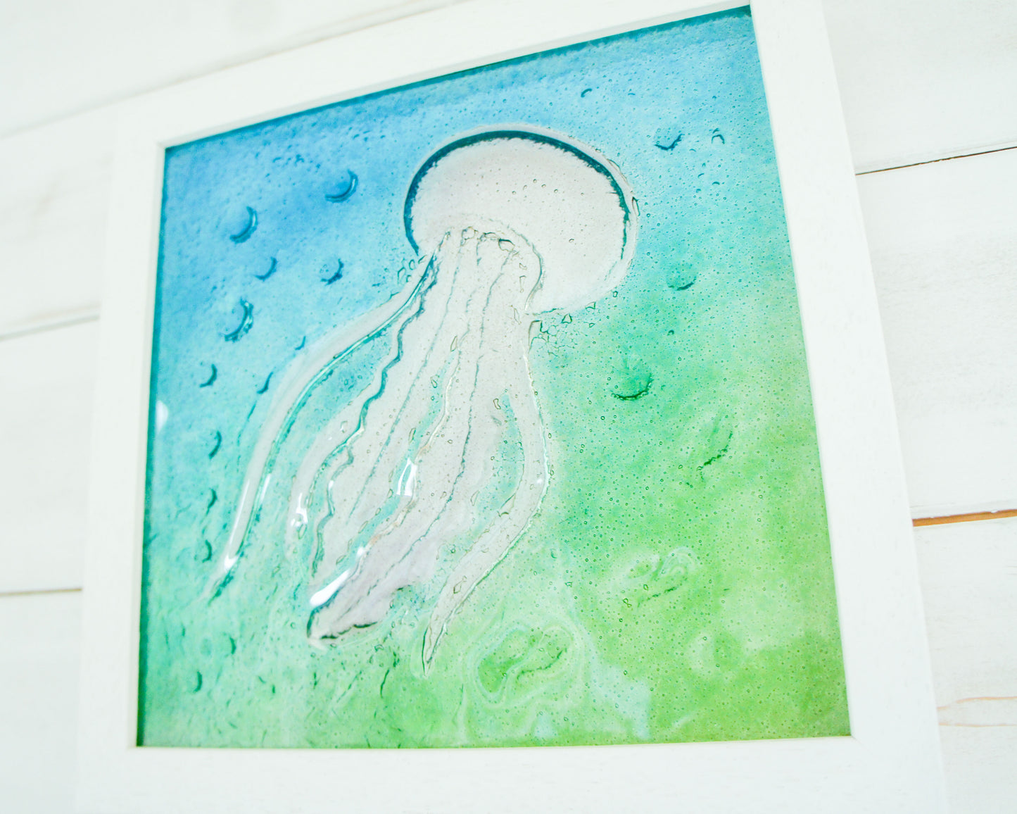 Jellyfish Glass Art 25x25cm (10"x10") - Blue Turquoise Green Jellyfish Glass Framed Picture - Fish Coastal Wall Art