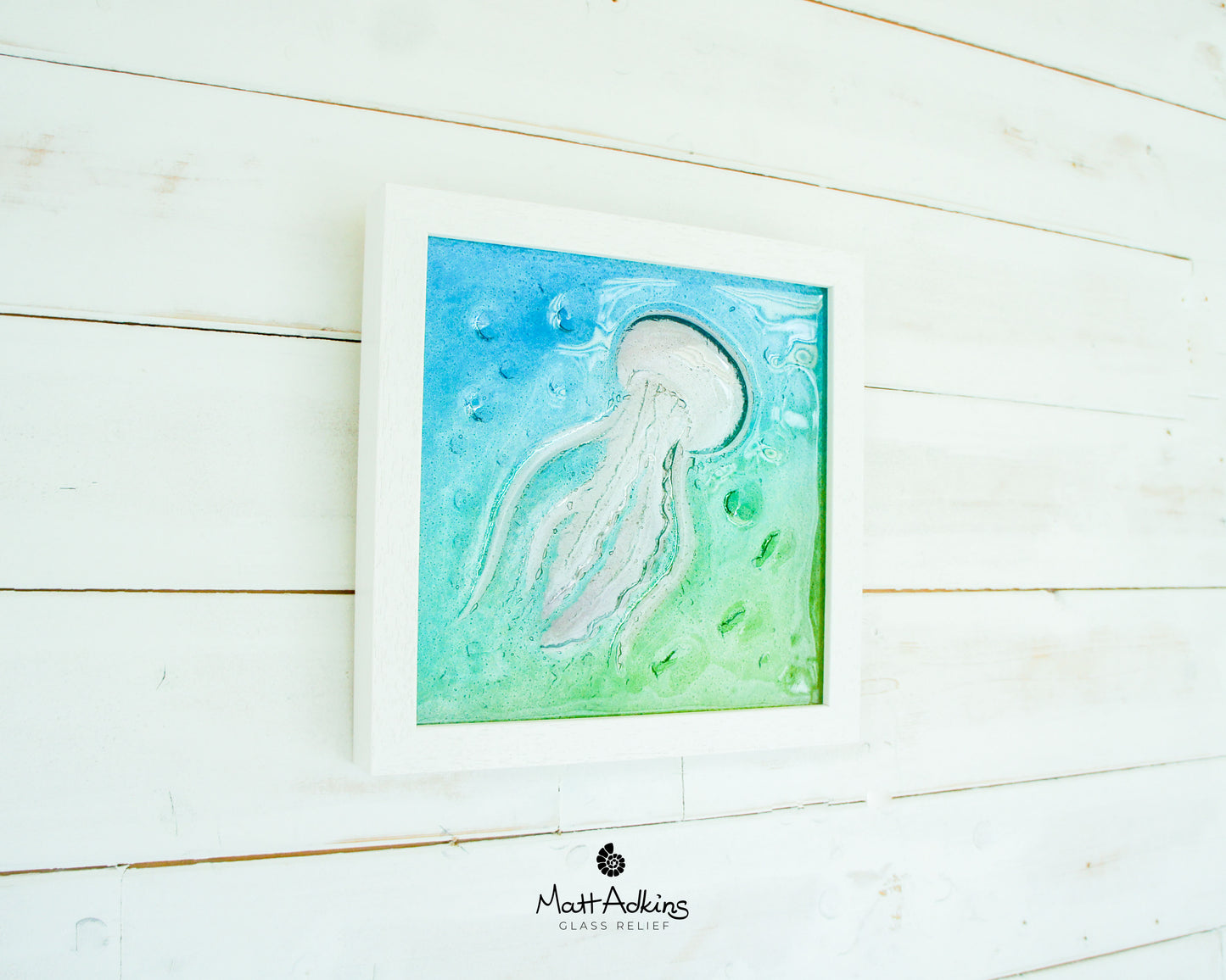 Jellyfish Glass Art 25x25cm (10"x10") - Blue Turquoise Green Jellyfish Glass Framed Picture - Fish Coastal Wall Art