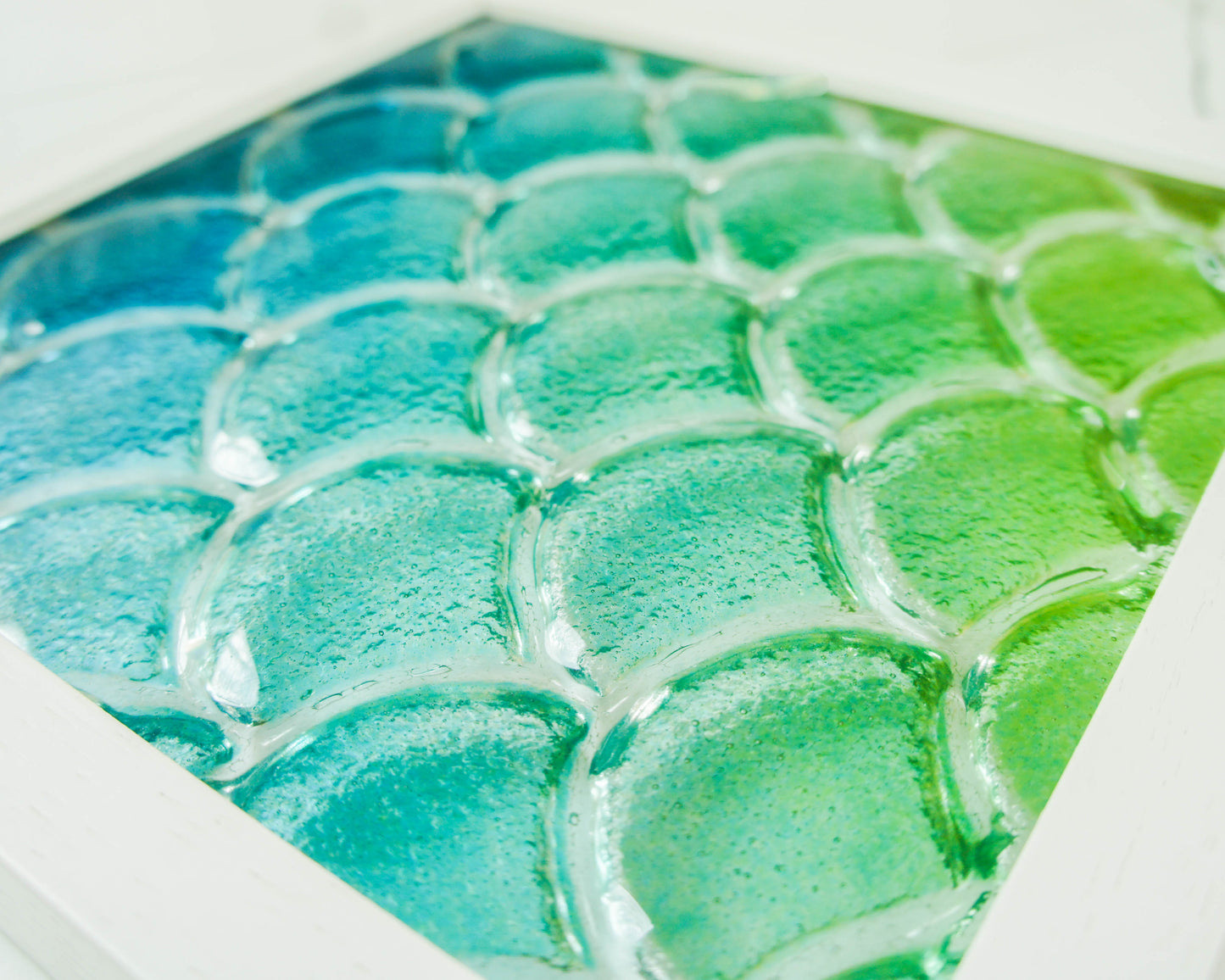 Fish Scale Glass Art 25x25cm (10"x10") - Turquoise Blue Lime Green Fish Scale Glass Framed Picture - Coastal Wall Art