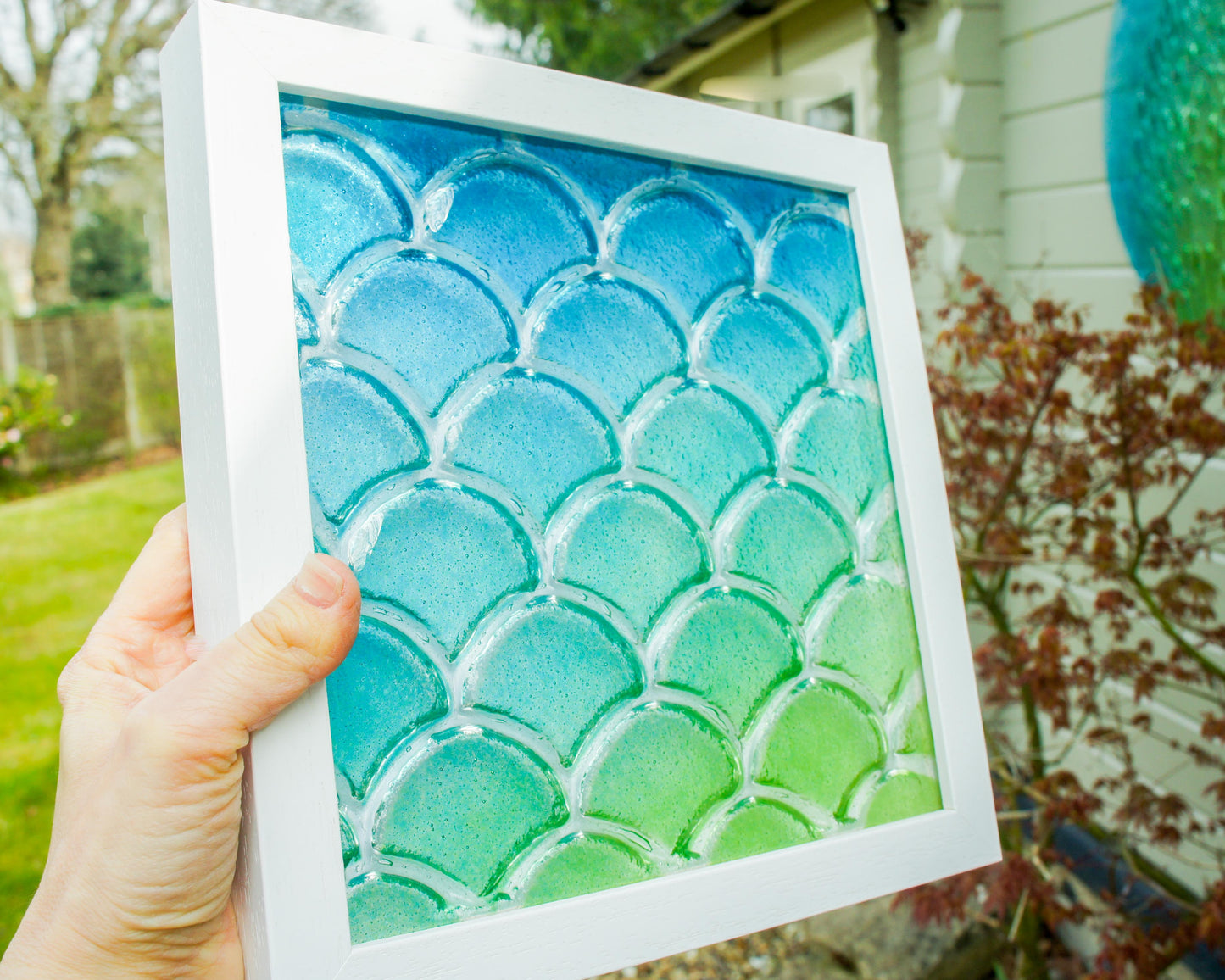 Fish Scale Glass Art 25x25cm (10"x10") - Turquoise Blue Lime Green Fish Scale Glass Framed Picture - Coastal Wall Art