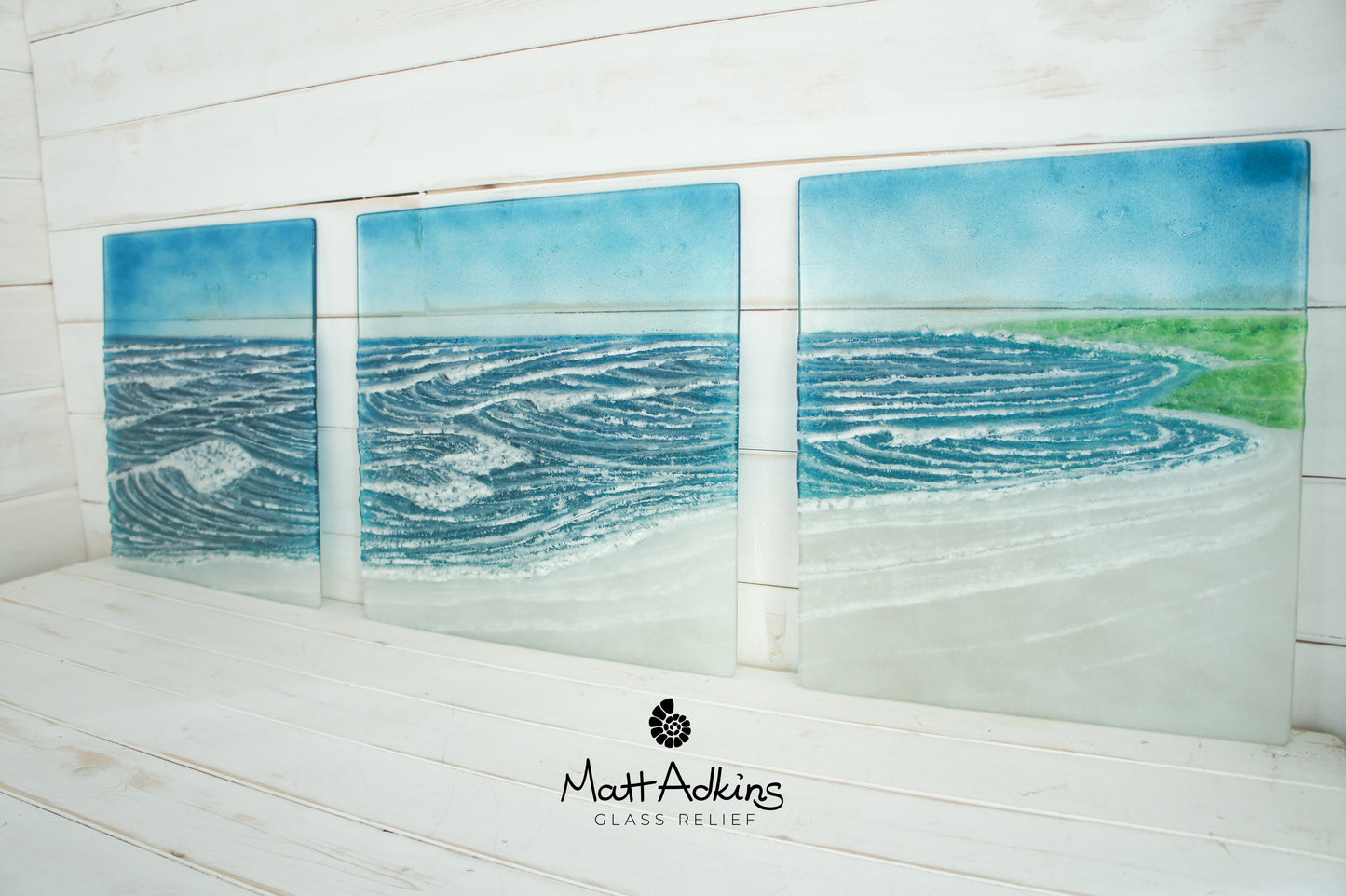 Triptych Coastal Wave Wall Panels Poole - Left&Right 35x40cm (14x16")/Middle 40x40cm (16x16") with 9 fixings