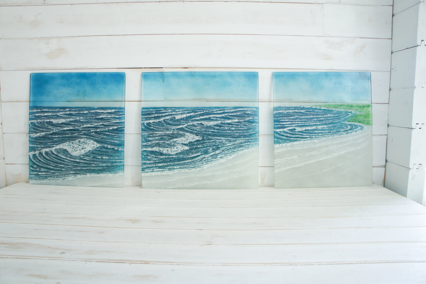 Triptych Coastal Wave Wall Panels Poole - Left&Right 35x40cm (14x16")/Middle 40x40cm (16x16") with 9 fixings
