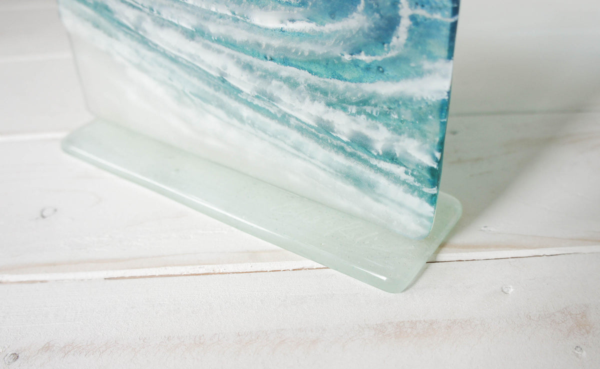 Rolling Wave Panel Fused Glass Art Suncatcher Freestanding on a foot ...