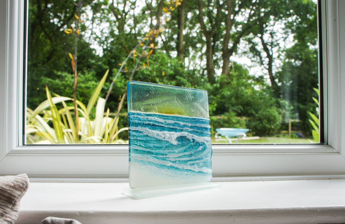 Rolling Wave Panel Suncatcher fused glass artfreestanding on a foot ...