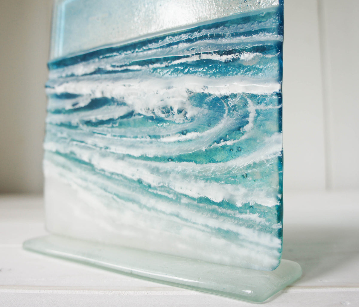 Rolling Wave Panel Fused Glass Art Suncatcher Freestanding on a foot ...