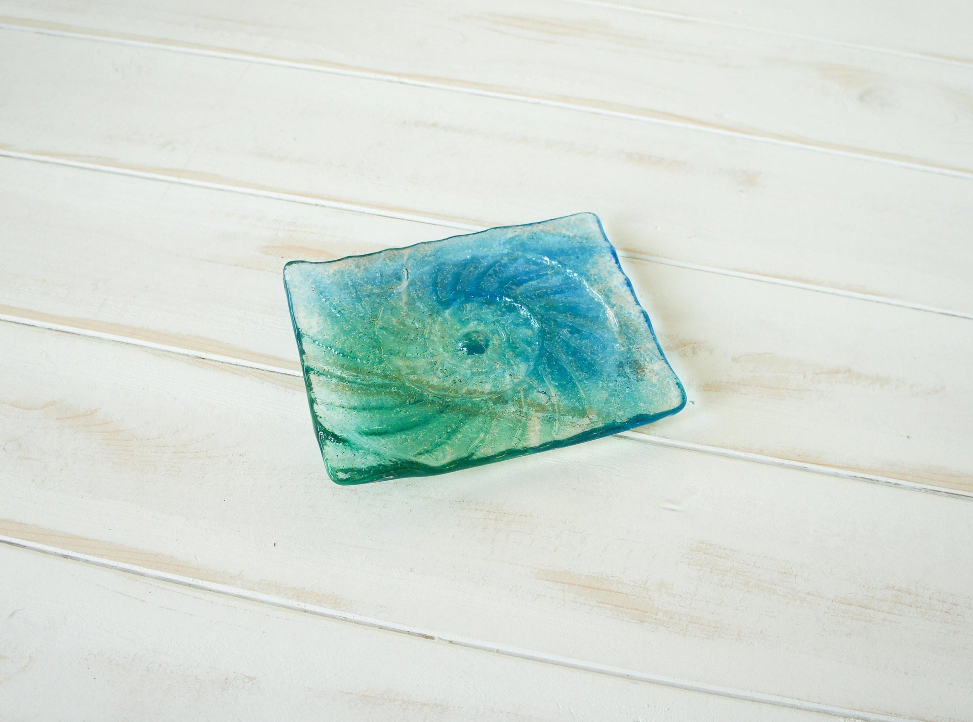 teal handmade glass soap dish