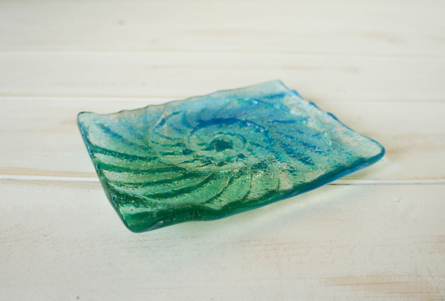 teal handmade glass soap dish