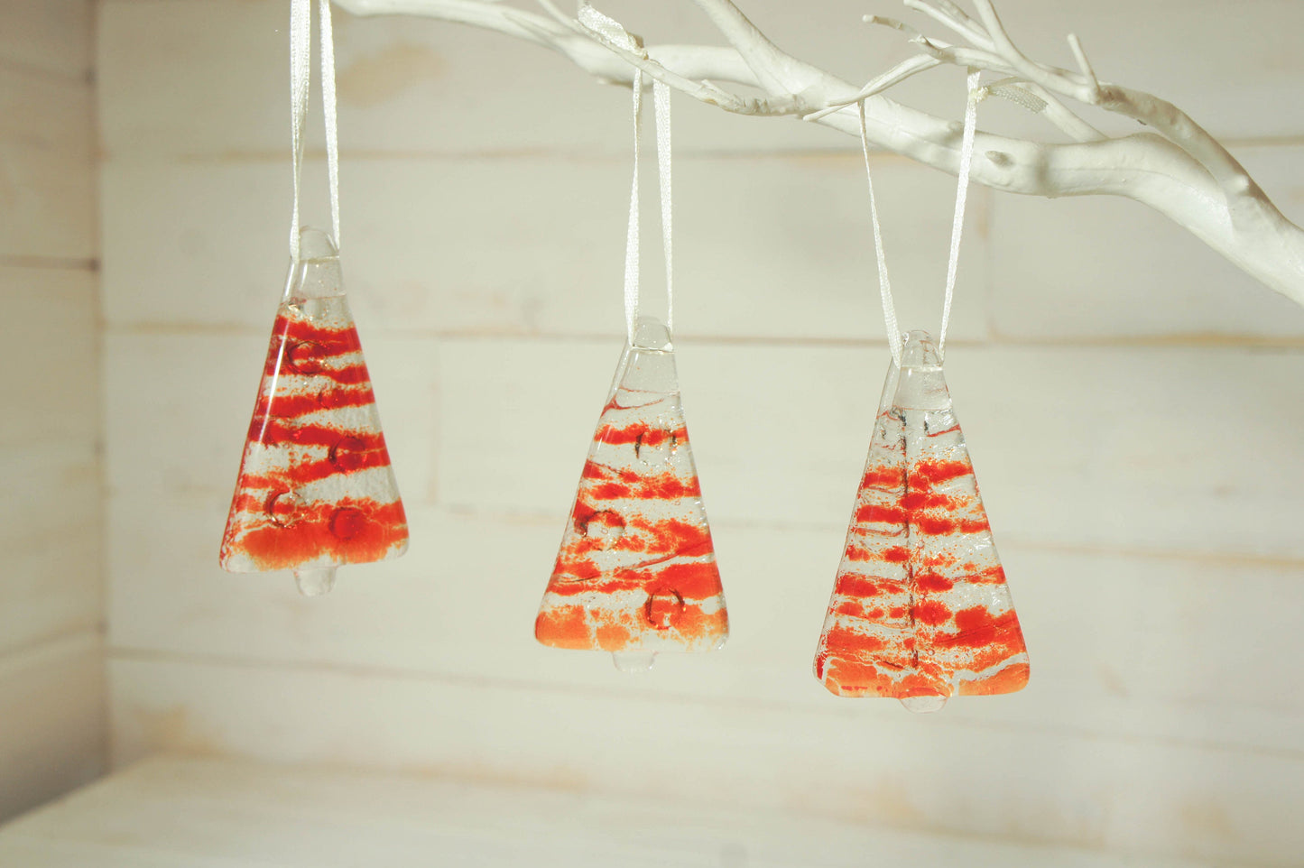 3 to 6 Mini Red Glass Trees - Hanging - 8cm(3") with ribbon and organza bags