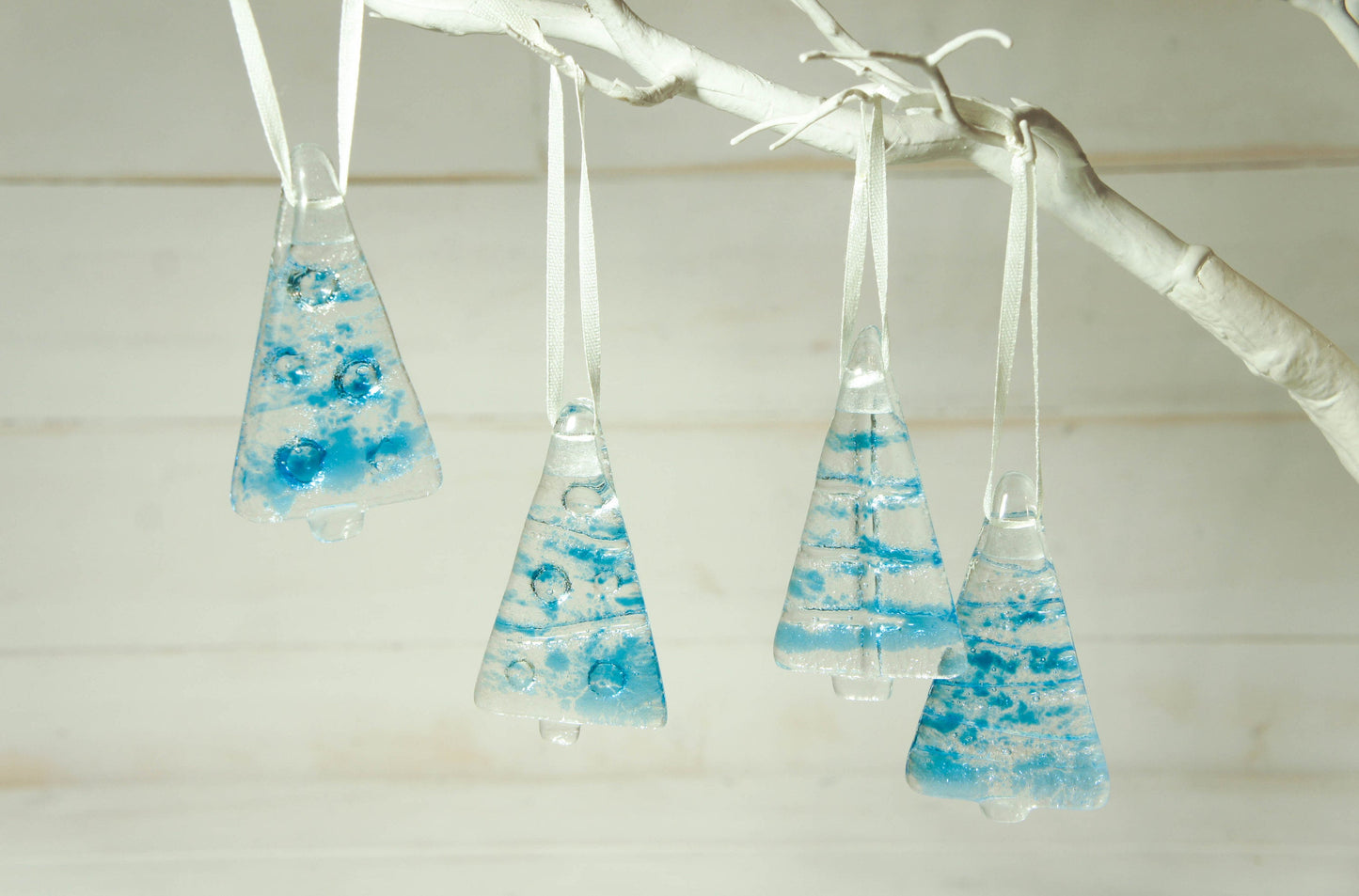 3 to 6 Mini Blue Glass Christmas Tree Decorations - Hanging - 8cm(3") with ribbon and organza bags