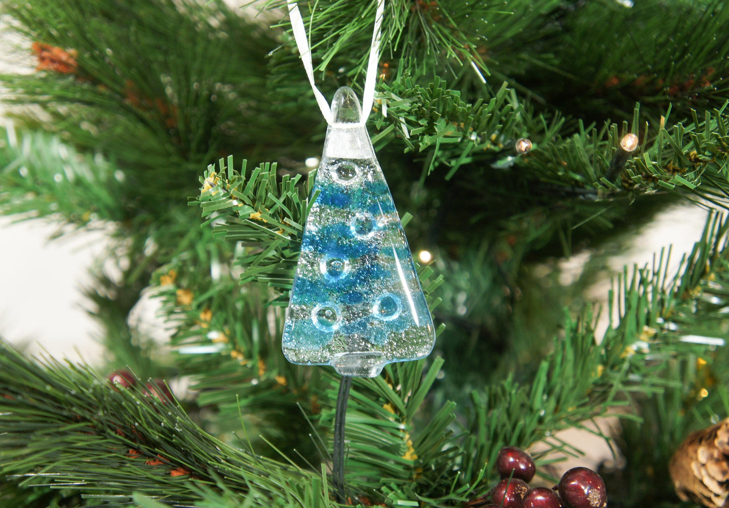 3 to 6 Mini Blue Glass Christmas Tree Decorations - Hanging - 8cm(3") with ribbon and organza bags