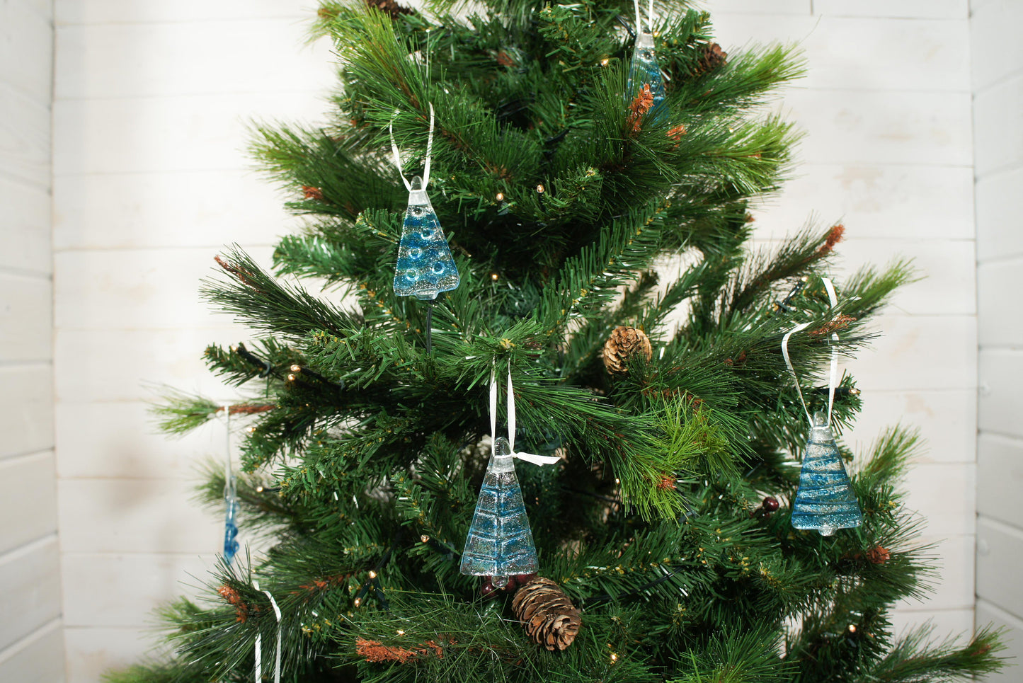 3 to 6 Mini Blue Glass Christmas Tree Decorations - Hanging - 8cm(3") with ribbon and organza bags