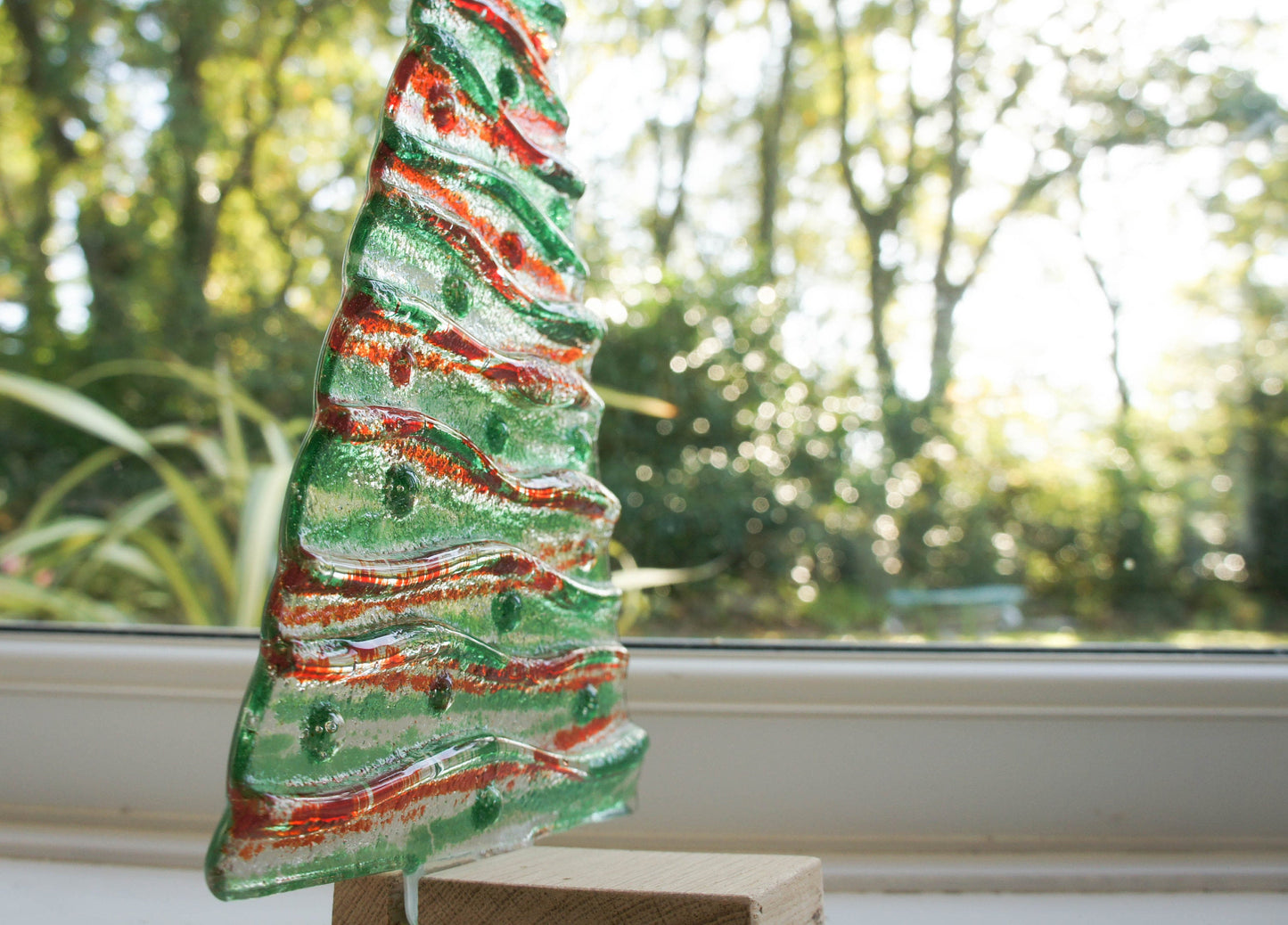 XL Green&Red Fused Glass Christmas Tree Decoration - Freestanding - 32cm/12 1/2" with wooden block
