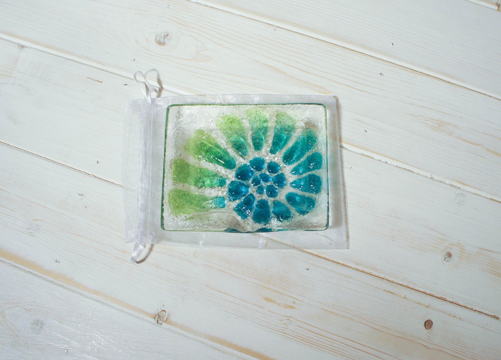 green handmade ammonite glass soap dish