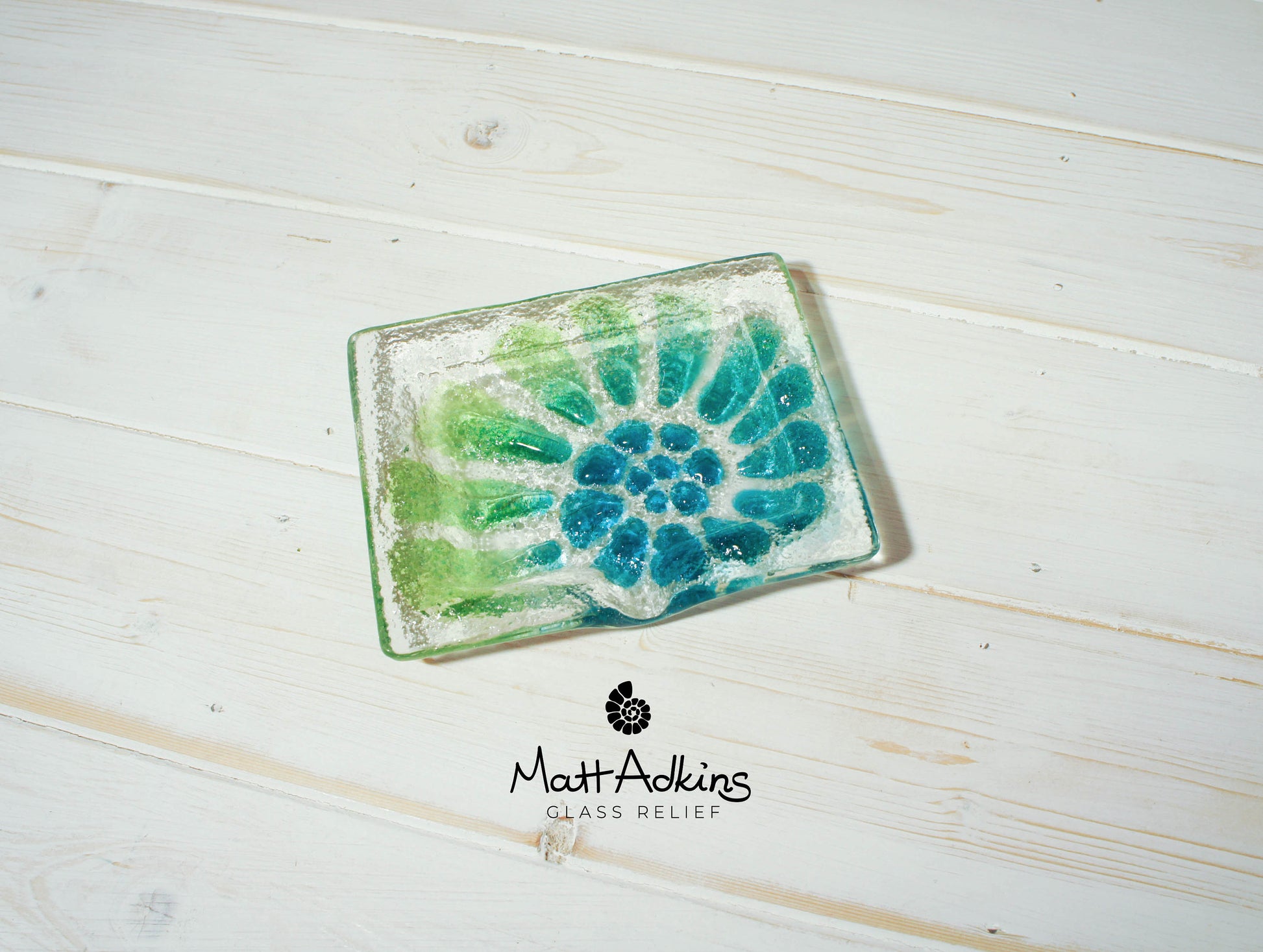 green handmade ammonite glass soap dish
