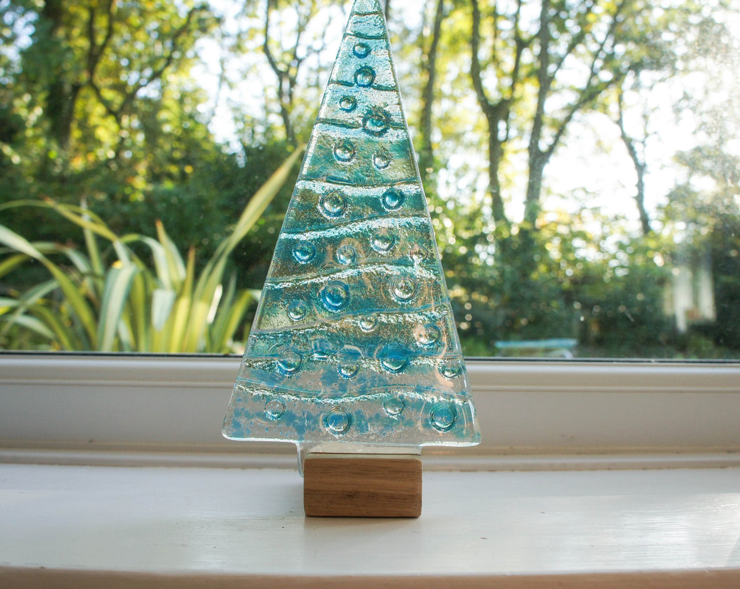 Large Turquoise&Blue Glass Tree - Freestanding - 22cm/8 1/2" with wooden block