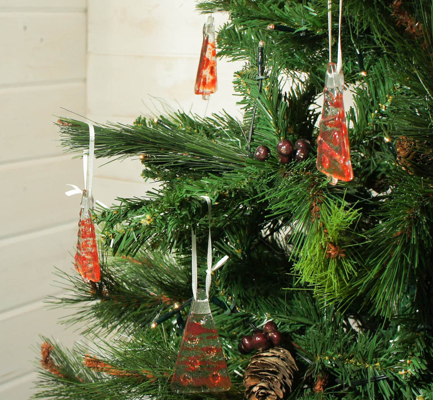 3 to 6 Mini Red Glass Trees - Hanging - 8cm(3") with ribbon and organza bags