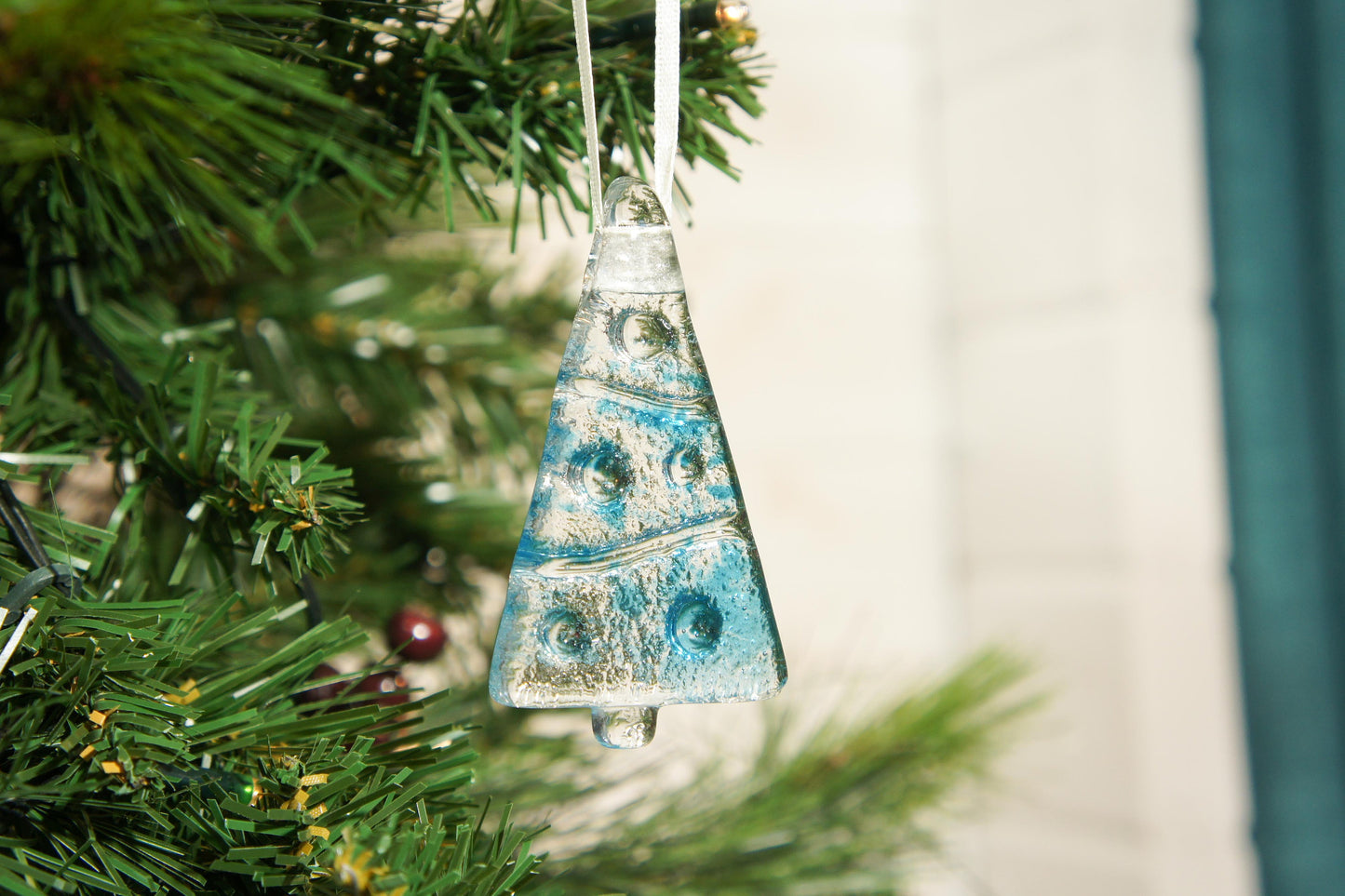 3 to 6 Mini Blue Glass Christmas Tree Decorations - Hanging - 8cm(3") with ribbon and organza bags
