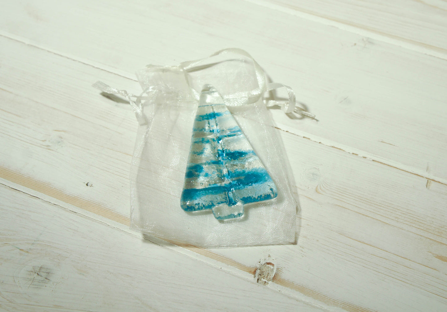 3 to 6 Mini Blue Glass Christmas Tree Decorations - Hanging - 8cm(3") with ribbon and organza bags