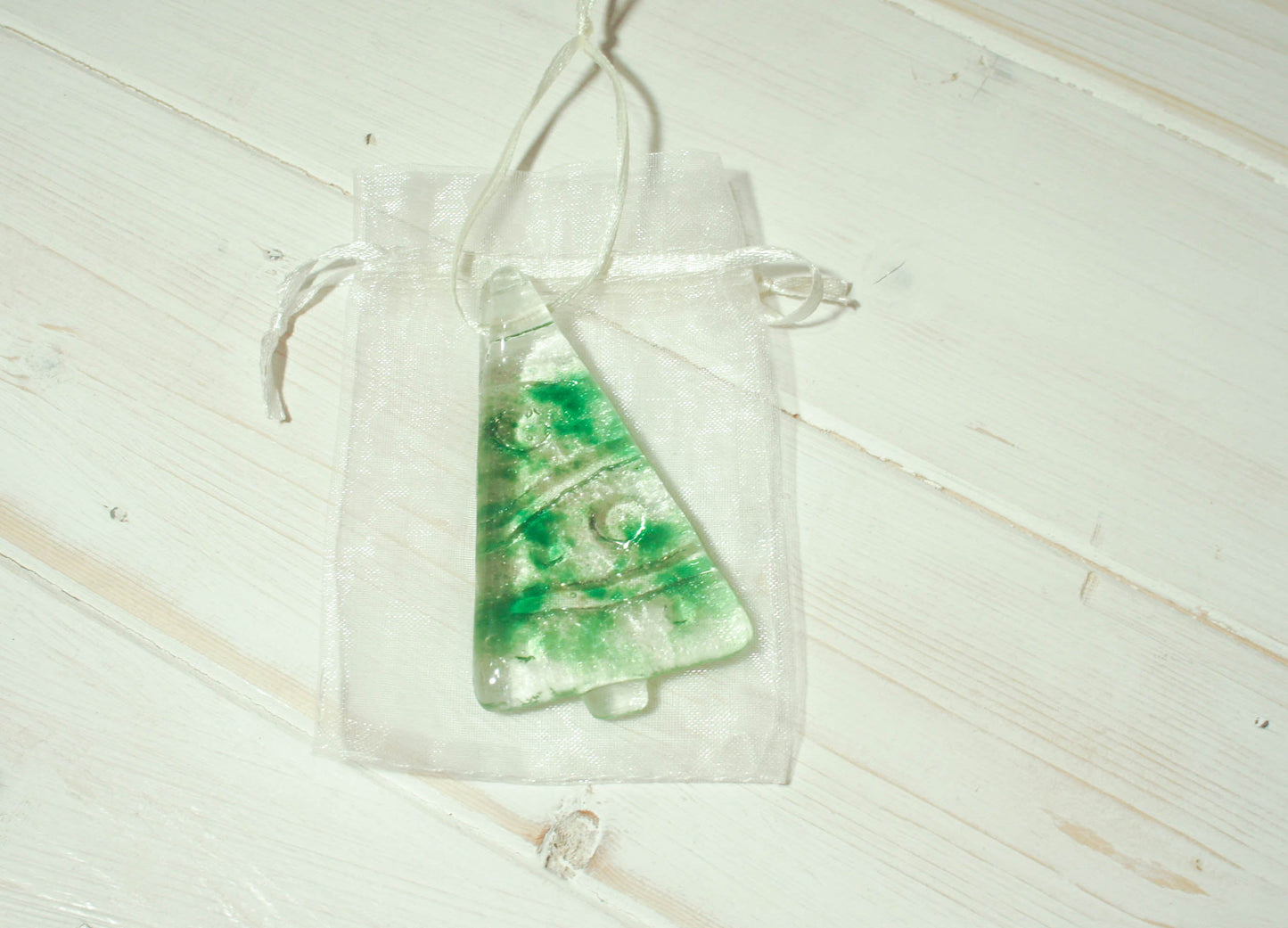 3 to 6 Mini Green Glass Trees - Hanging - 8cm(3") with ribbon and organza bags