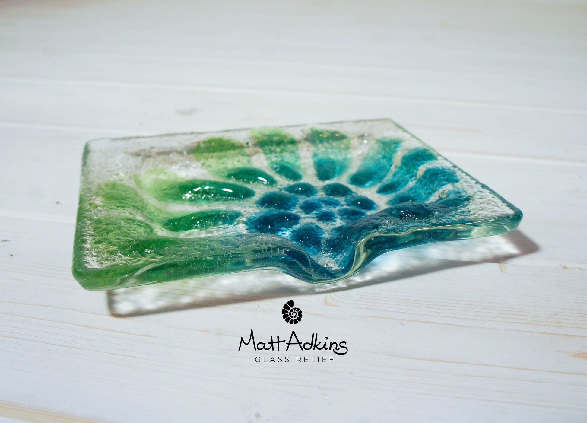 green handmade ammonite glass soap dish