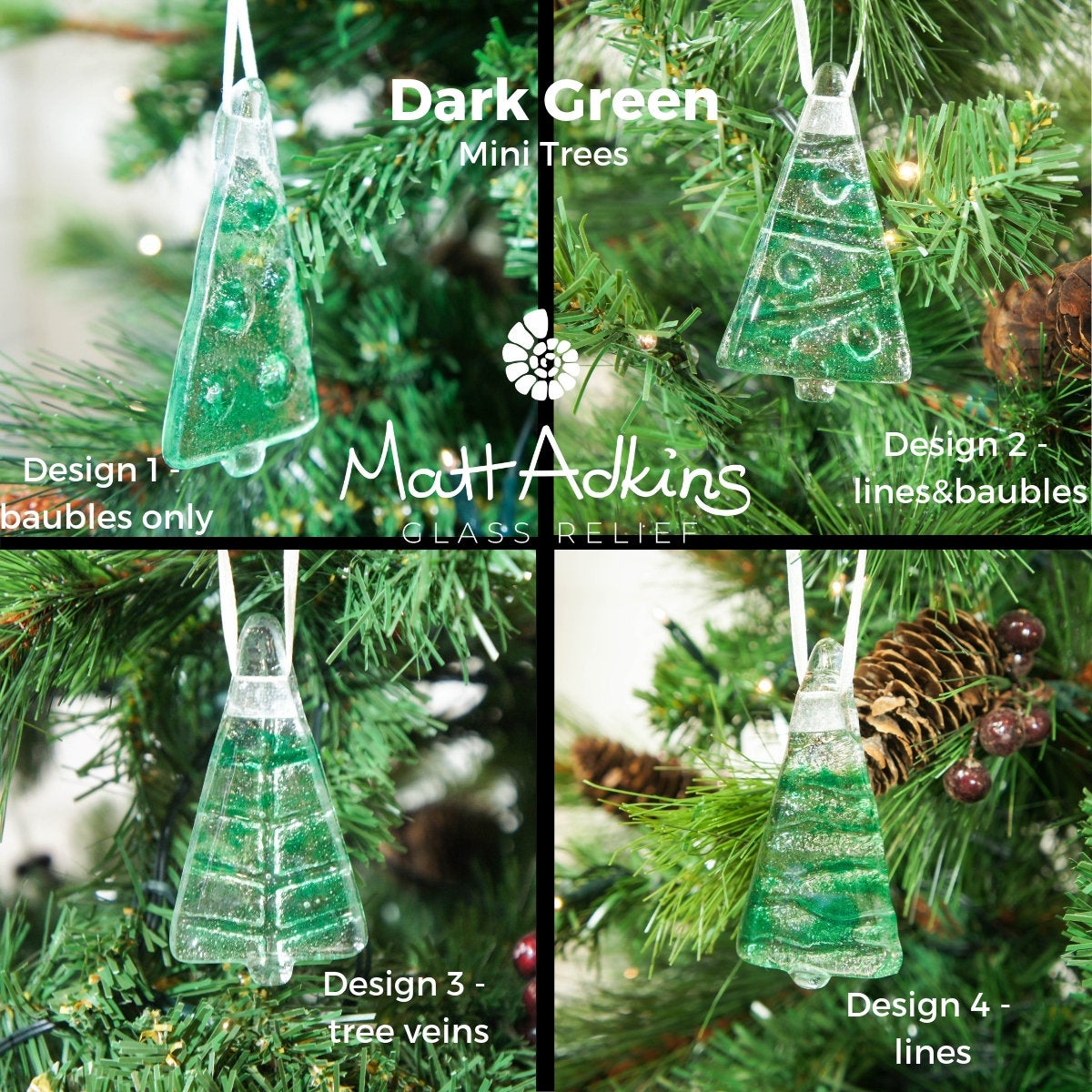 3 to 6 Mini Green Glass Trees - Hanging - 8cm(3") with ribbon and organza bags