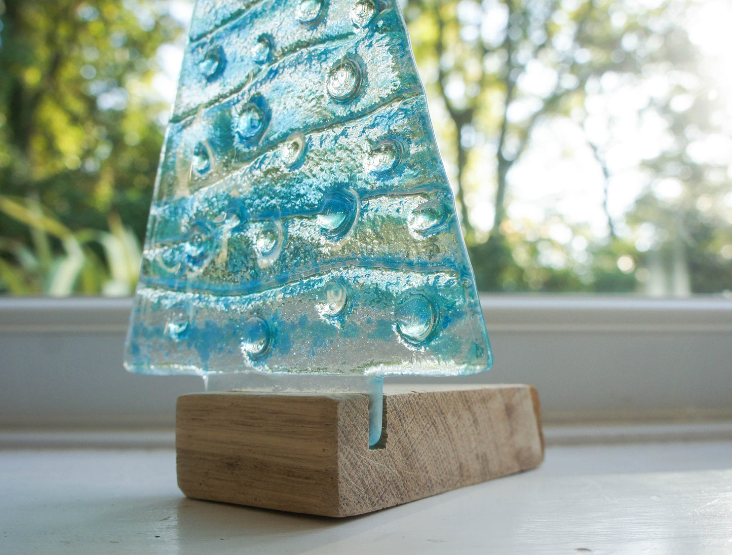 Large Turquoise&Blue Glass Tree - Freestanding - 22cm/8 1/2" with wooden block