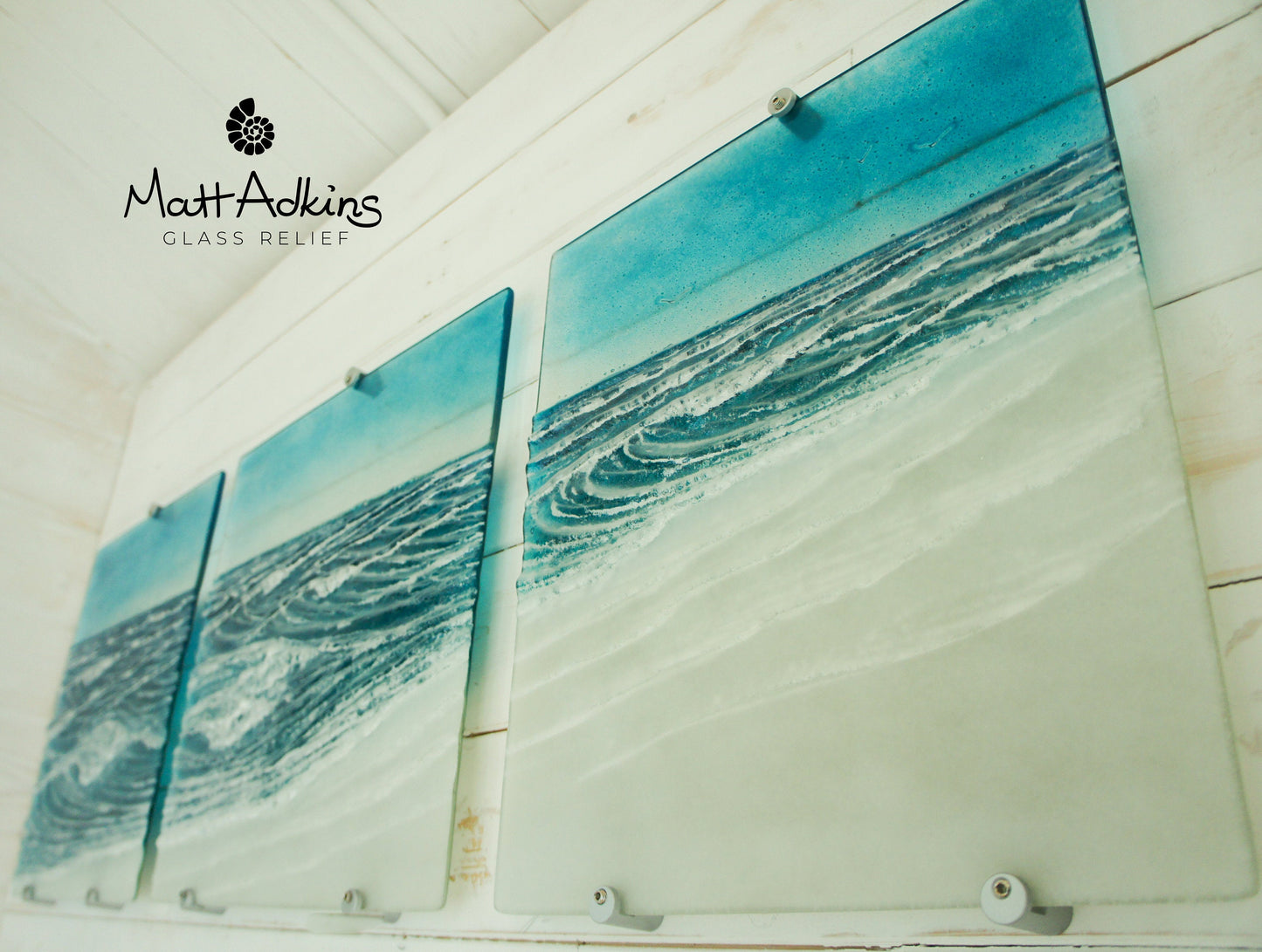 Triptych Coastal Wave Wall Panels - Left&Right 35x40cm (14x16")/Middle 40x40cm (16x16") with 9 fixings