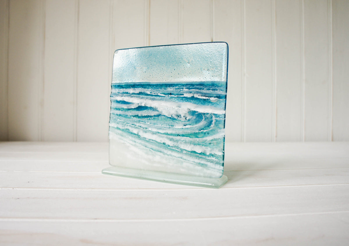 Rolling Wave Panel Fused Glass Art Suncatcher Freestanding on a foot ...