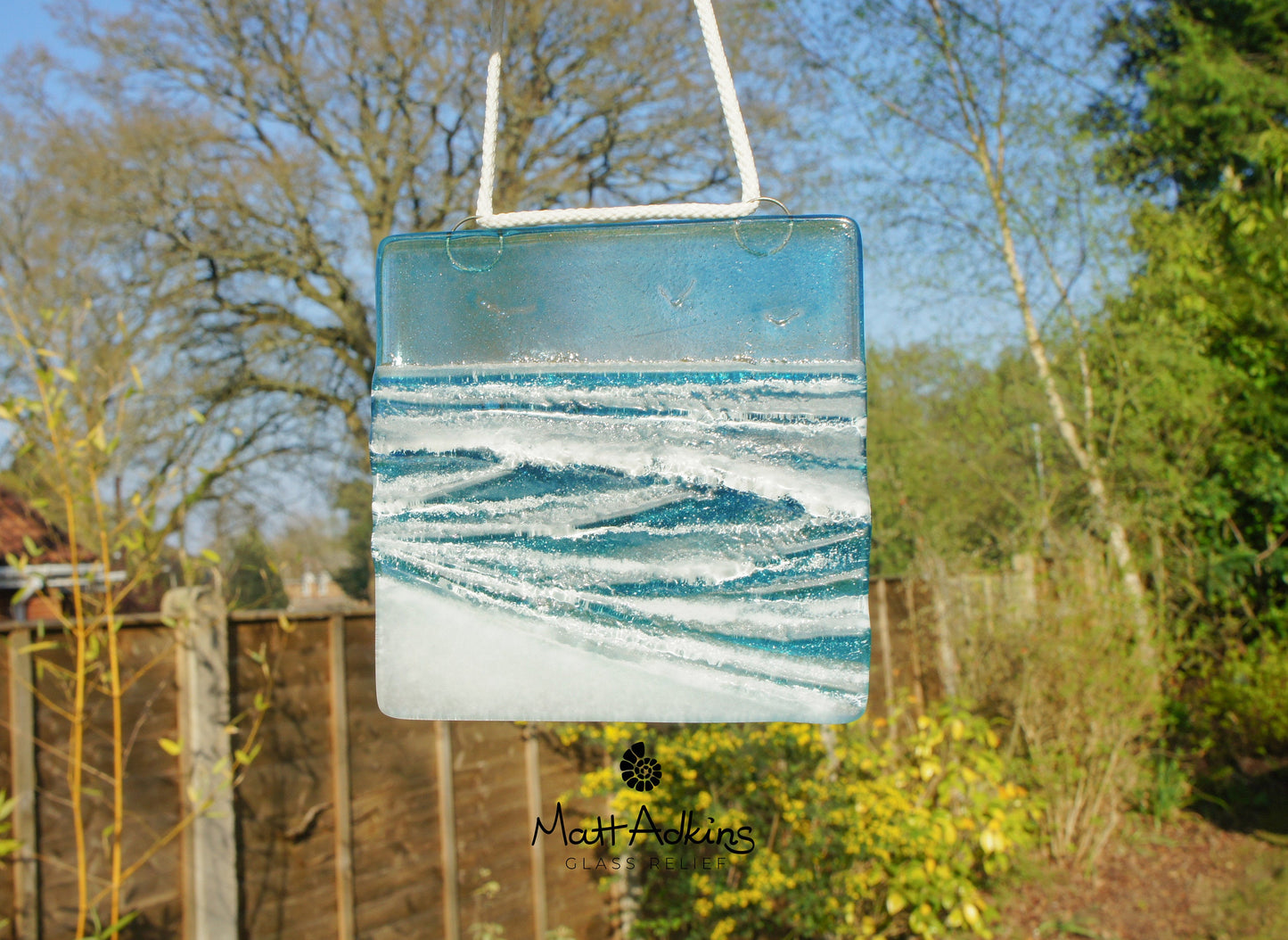 wave ocean square fused glass hanging window suncatcher