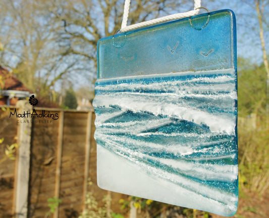 wave ocean square fused glass hanging window suncatcher