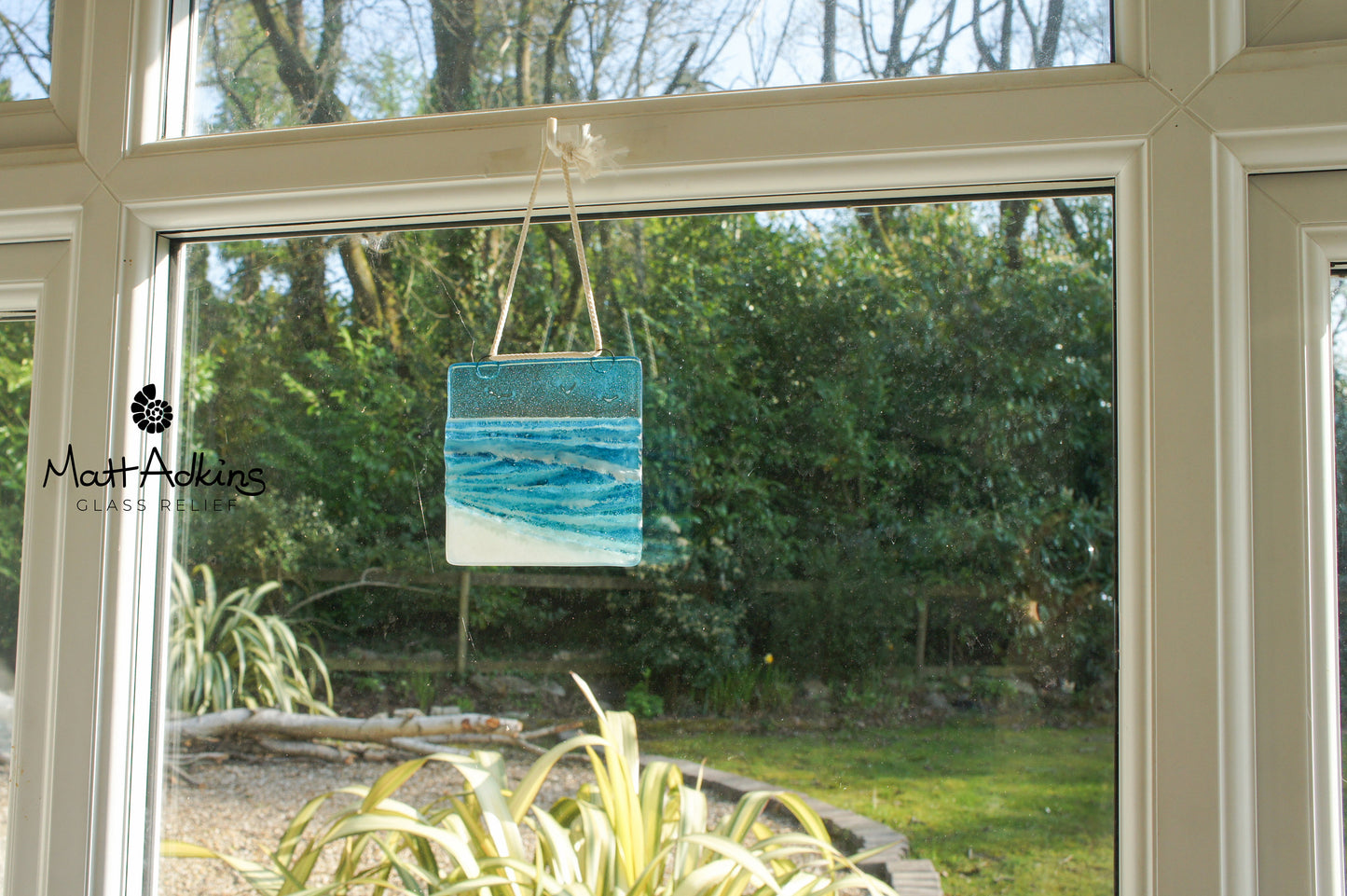 wave ocean square fused glass hanging window suncatcher