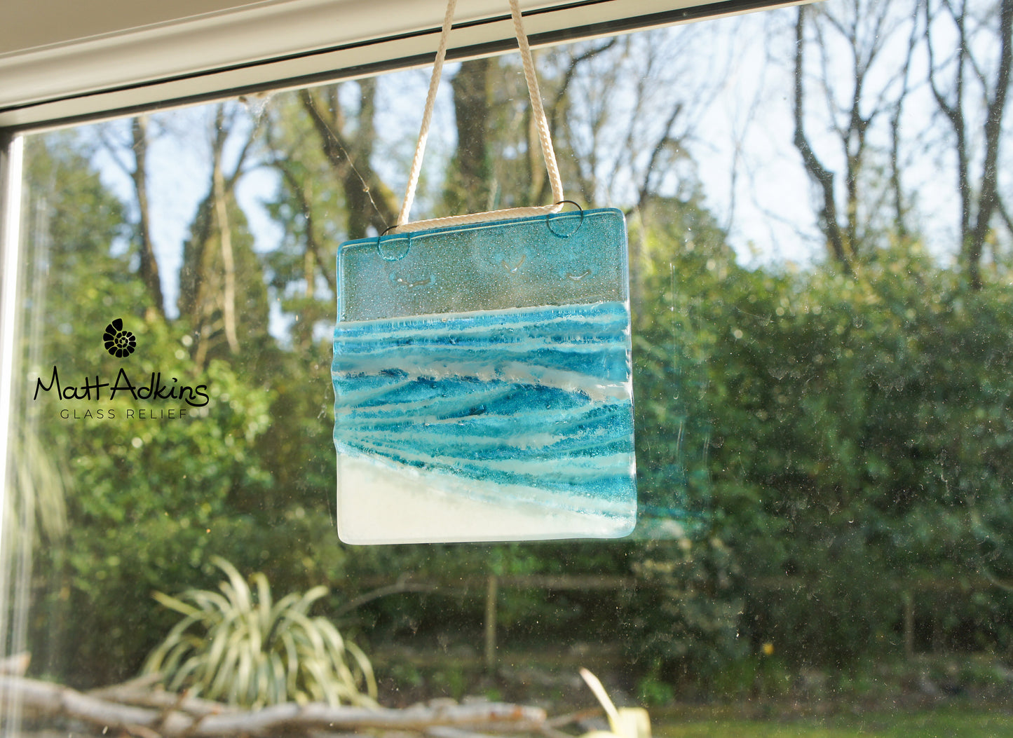 wave ocean square fused glass hanging window suncatcher