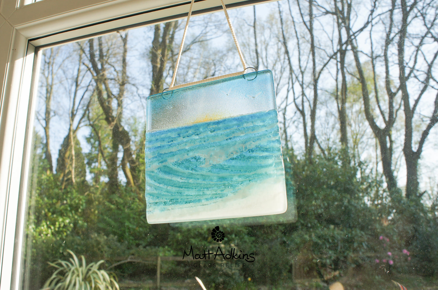 fused glass art wave ocean suncatcher hanging in window 15cm with cord