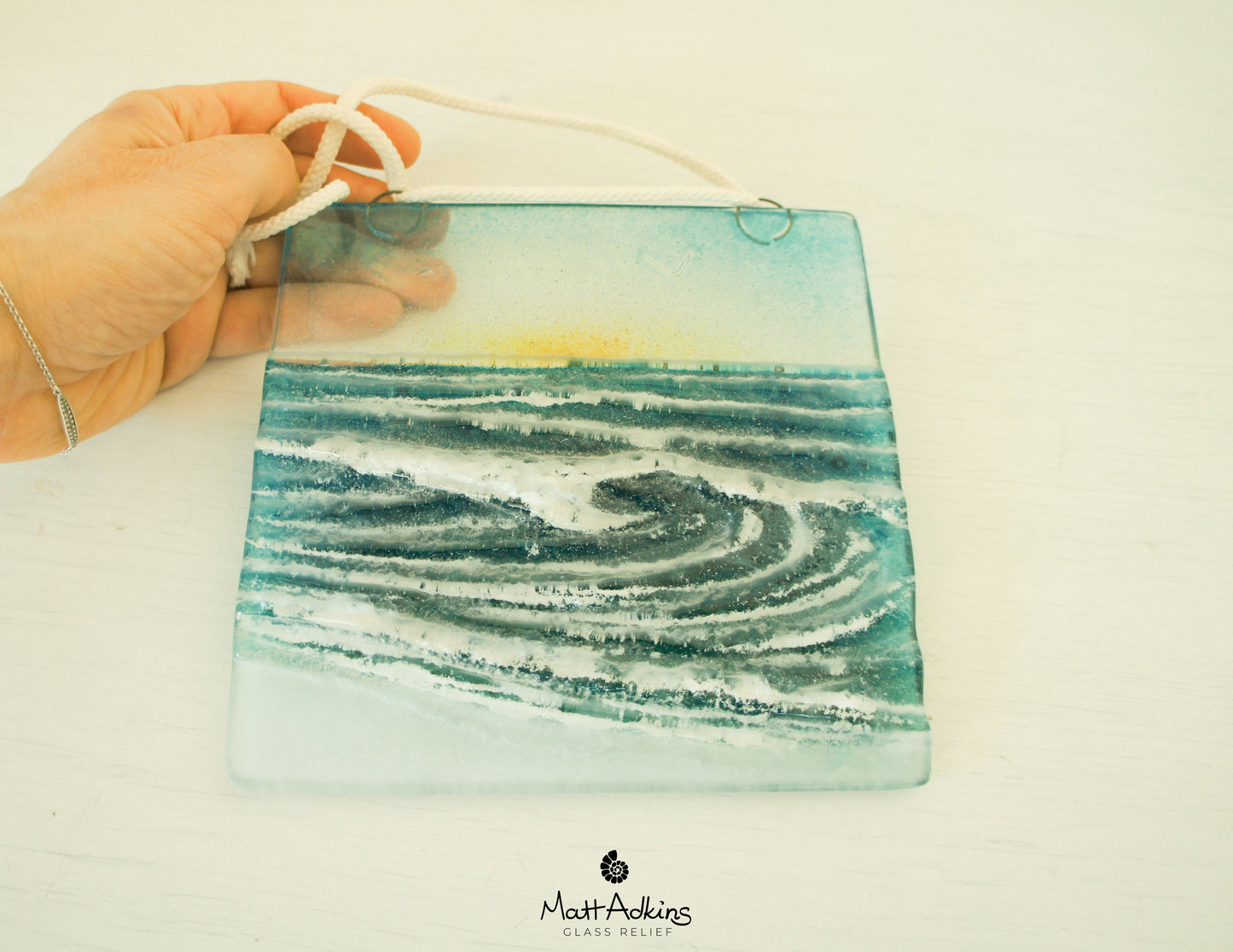 fused glass art wave ocean suncatcher hanging in window 15cm with cord