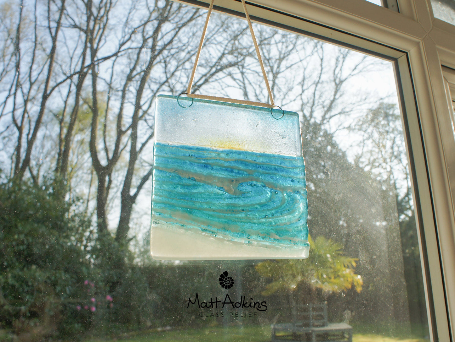 fused glass art wave ocean suncatcher hanging in window 15cm with cord