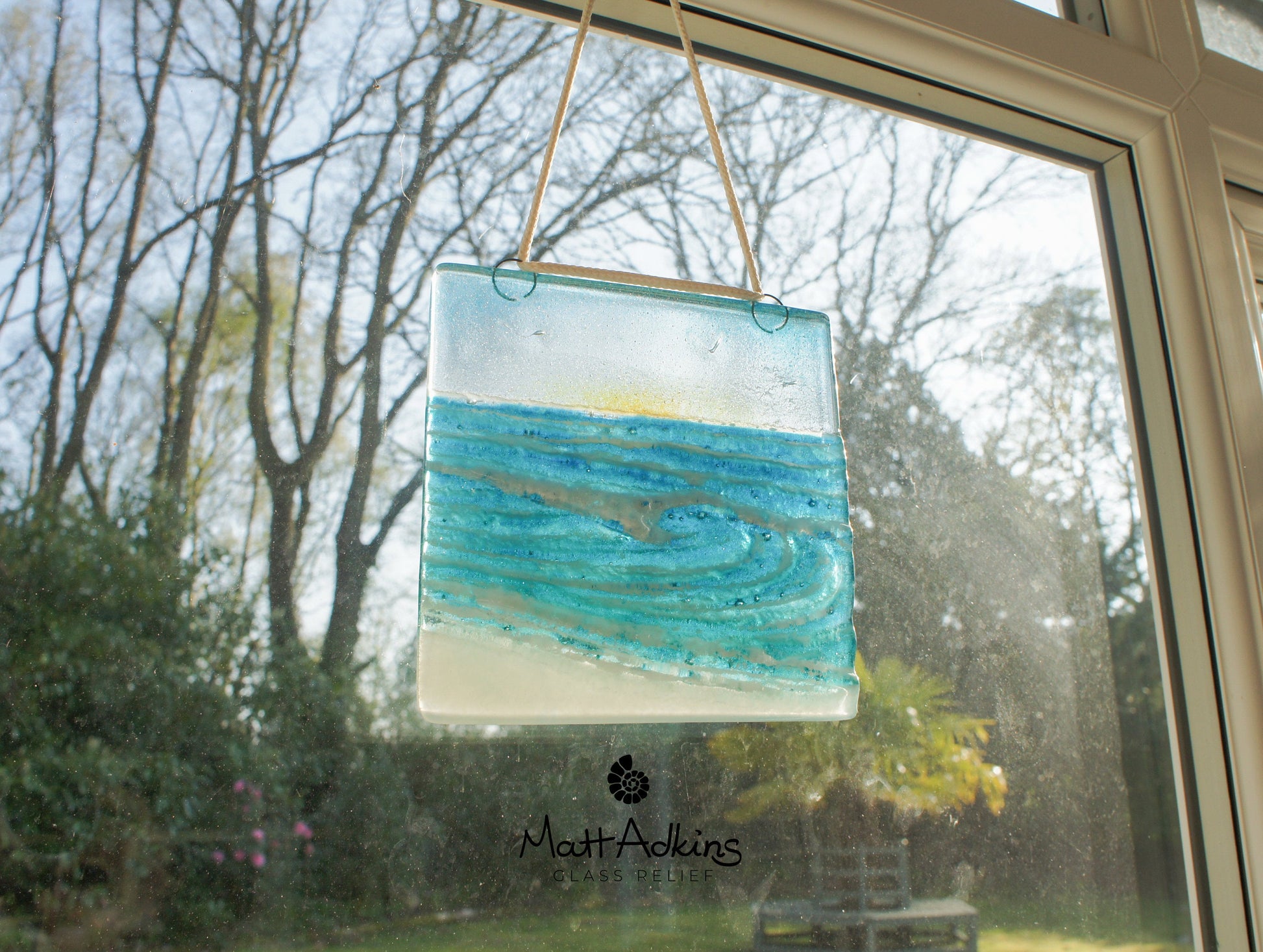 fused glass art wave ocean suncatcher hanging in window 15cm with cord