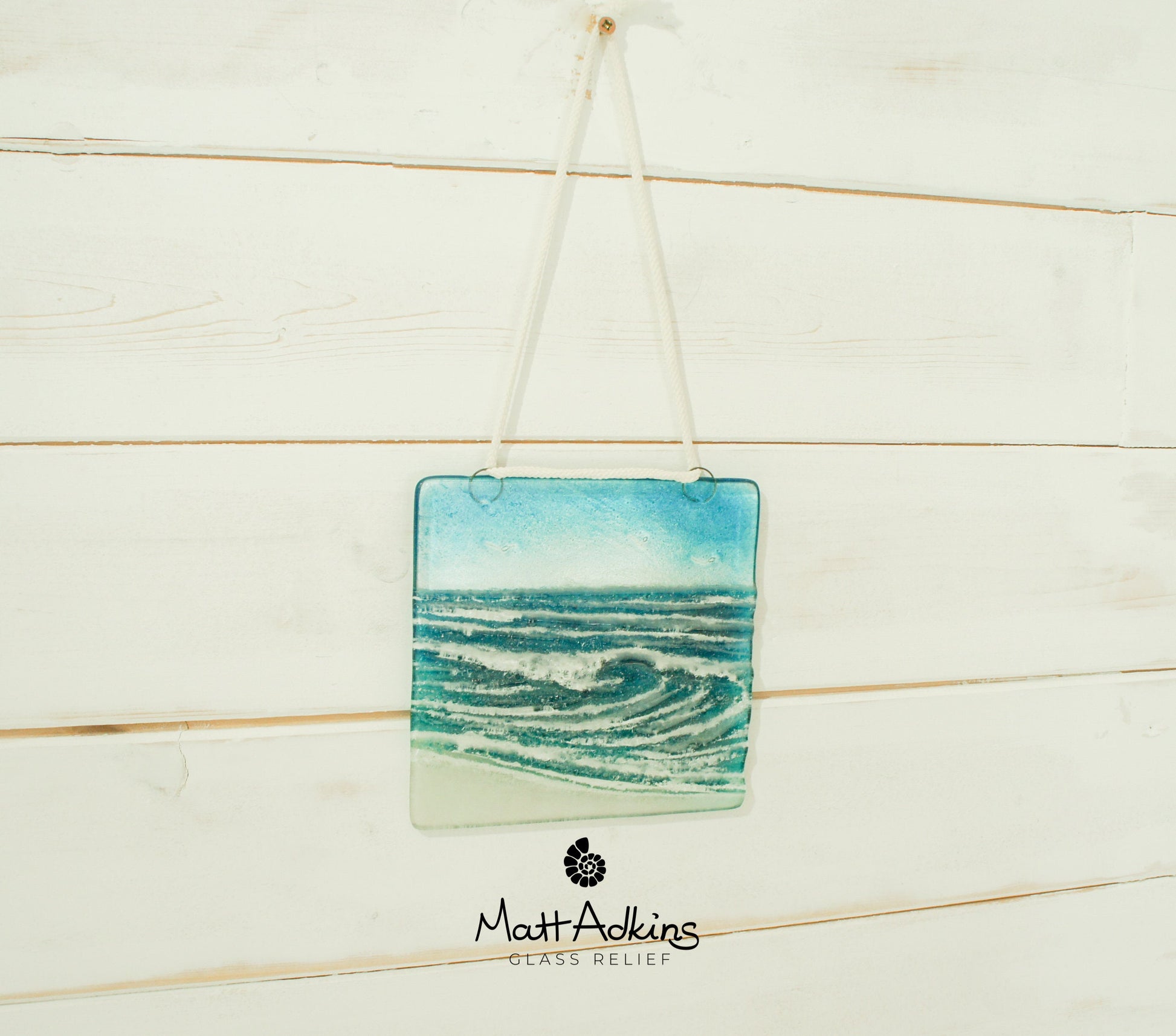 fused glass art wave ocean suncatcher hanging in window 15cm with cord