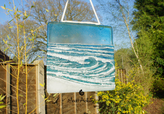 fused glass art wave ocean suncatcher hanging in window 15cm with cord