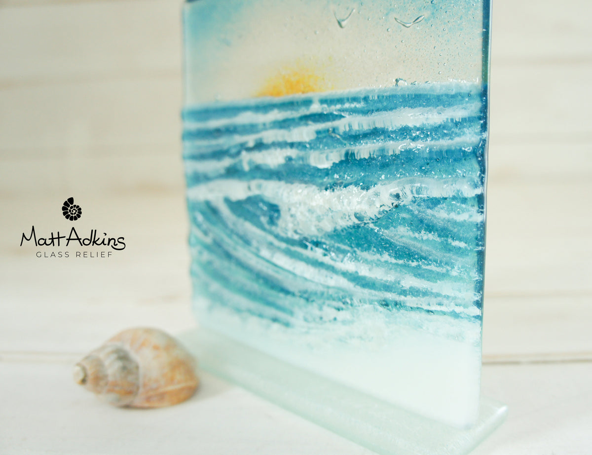 Rolling Wave Suncatcher Fused Glass Art Freestanding with Sun on a foo ...